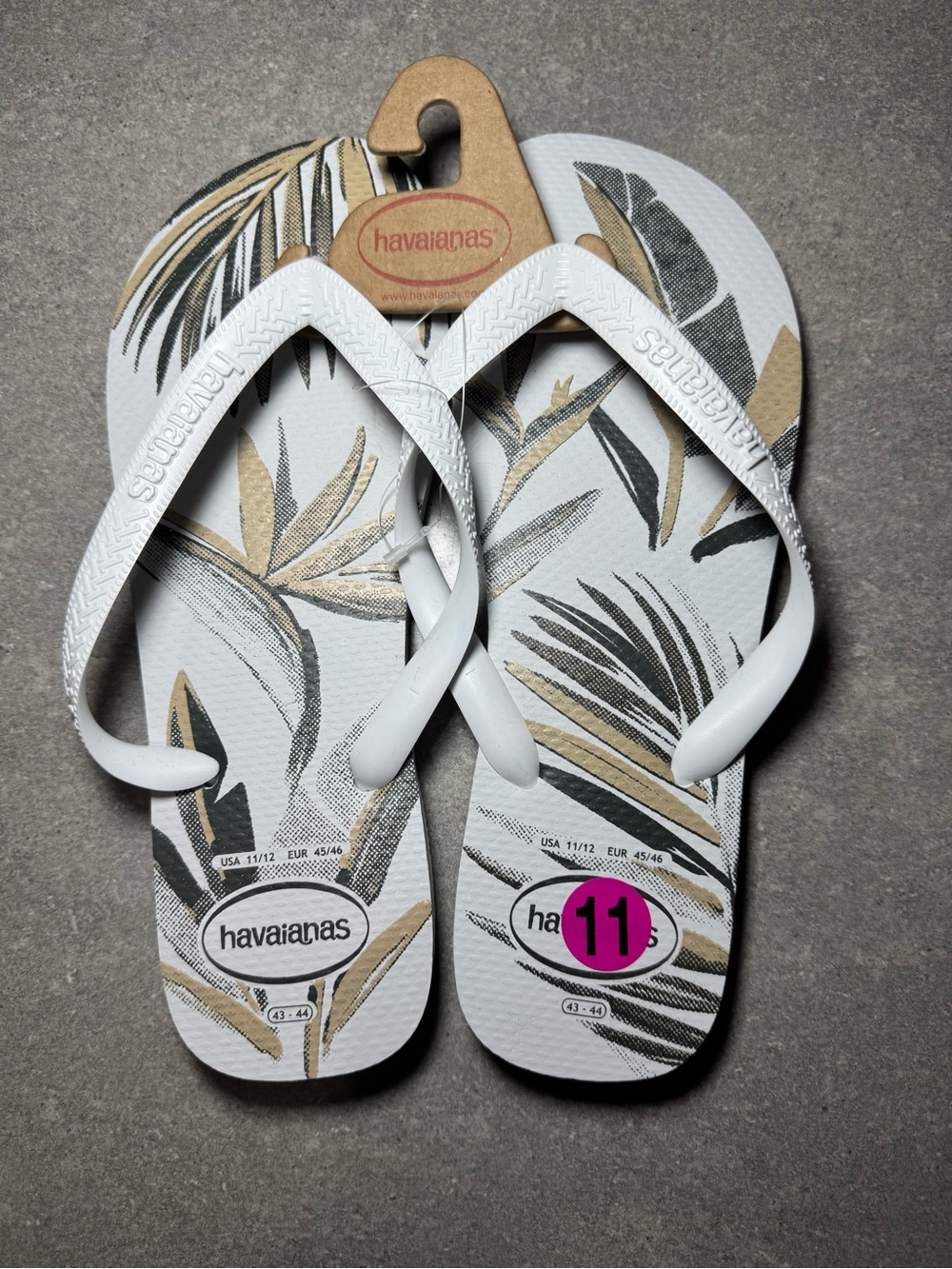 Havaianas White Flip Flops with Tan & Gray Leaf Print